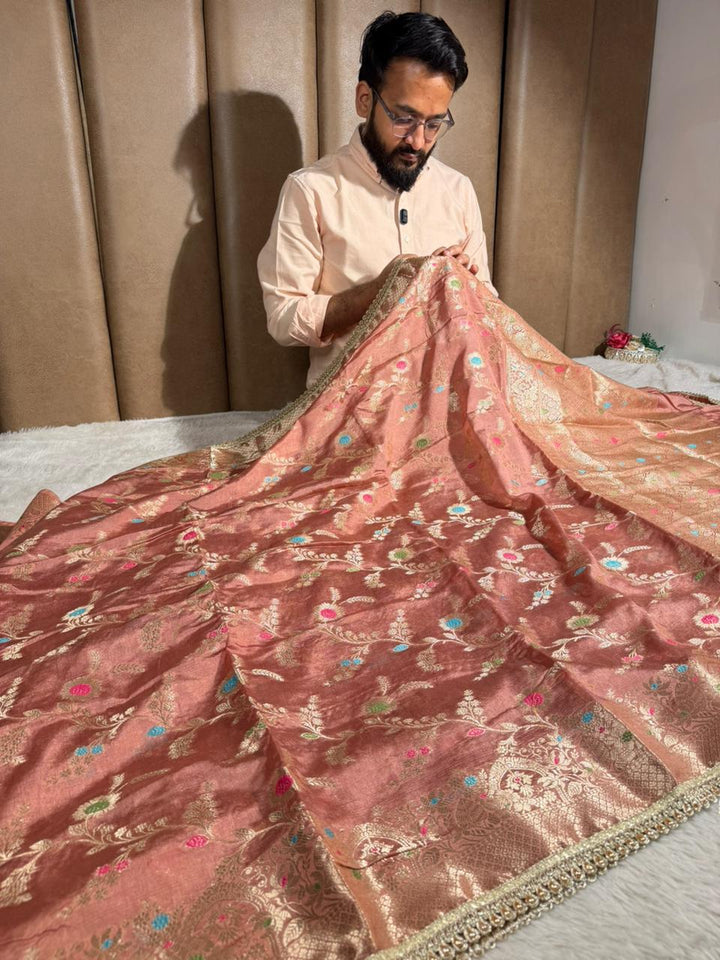 Mauve Peach Pemium Dupion Silk Lace Work Banarasi Saree