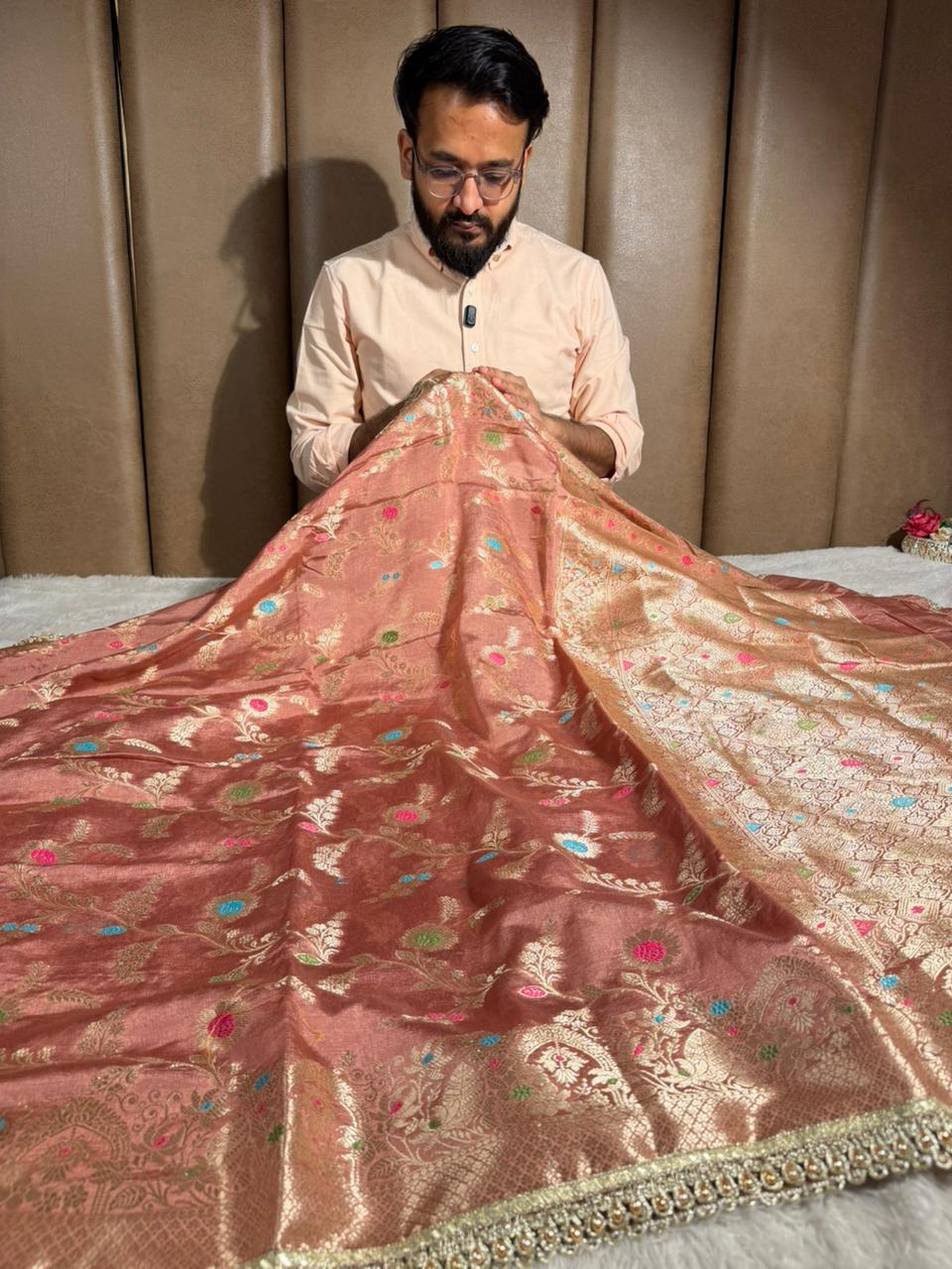 Mauve Peach Pemium Dupion Silk Lace Work Banarasi Saree