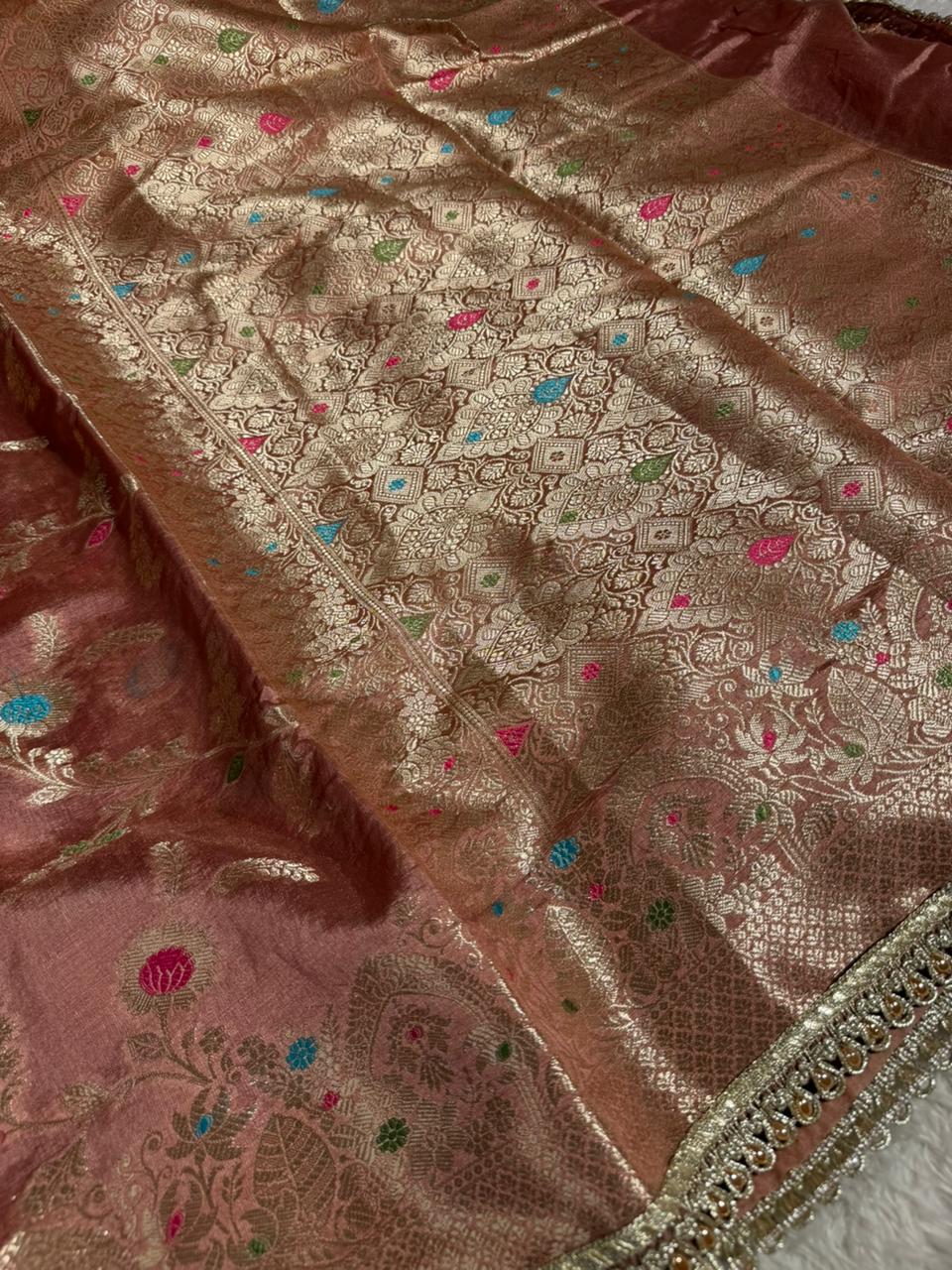 Mauve Peach Pemium Dupion Silk Lace Work Banarasi Saree