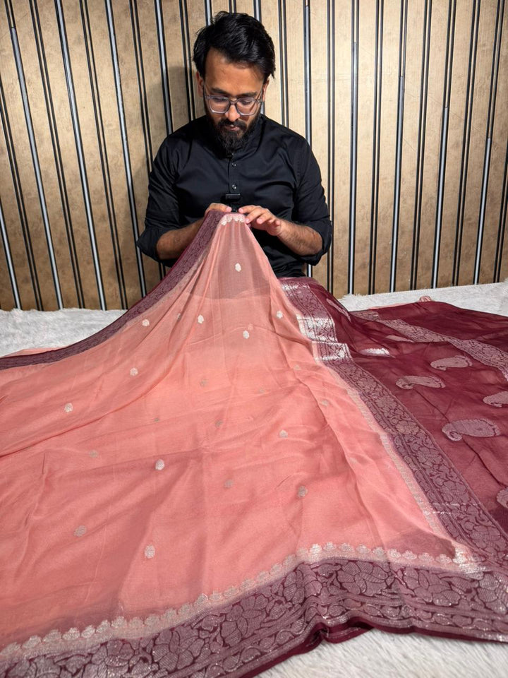 Mauve Peach Pure Khaddi Chiffon Silk Handwoven Banarasi Saree