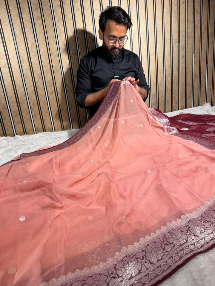 Mauve Peach Pure Khaddi Chiffon Silk Handwoven Banarasi Saree