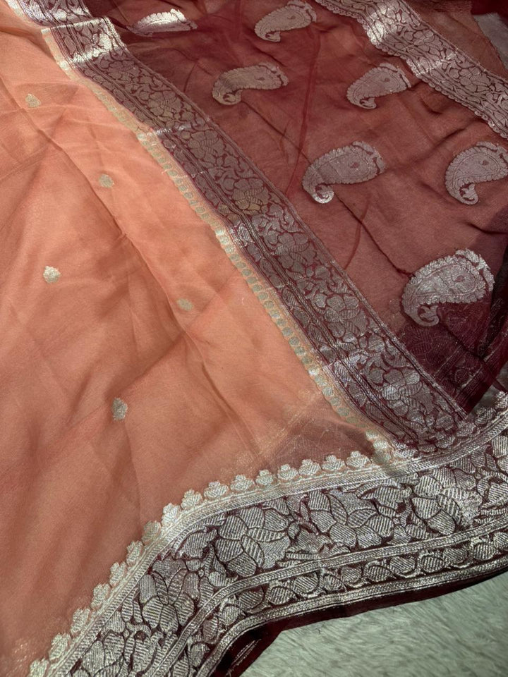 Mauve Peach Pure Khaddi Chiffon Silk Handwoven Banarasi Saree