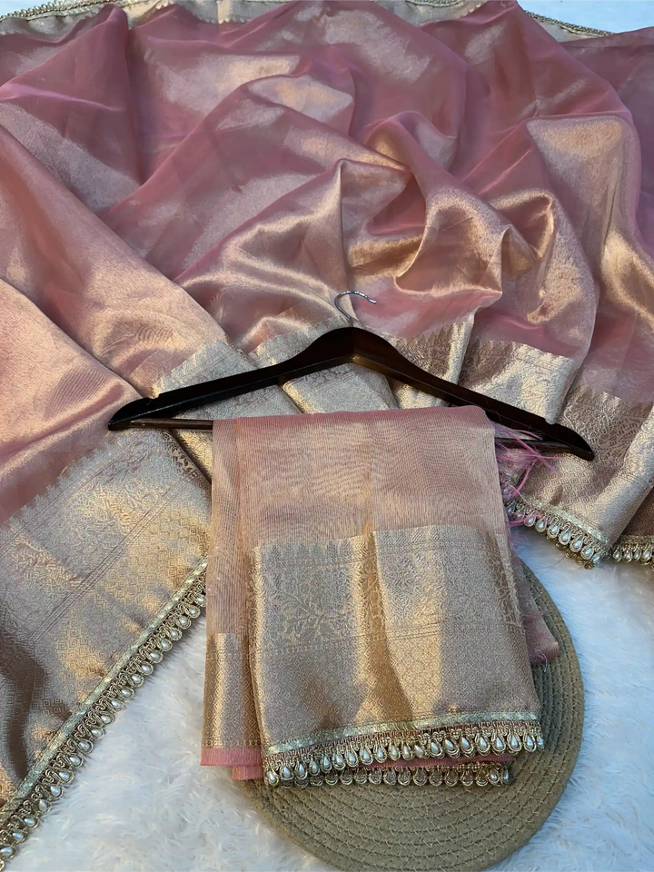 Mauve Pink Glass Tissue Silk Designer Banarasi Saree