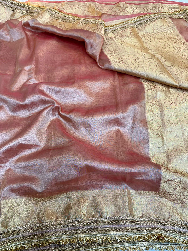 Mauve Pink Tissue Silk Lace Attached Banarasi Saree