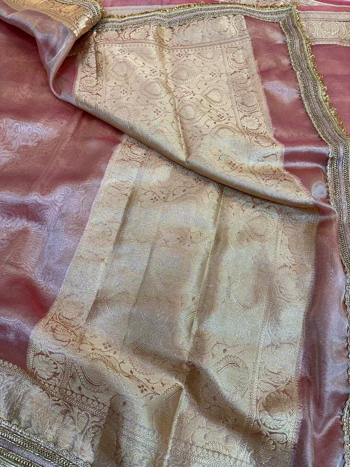 Mauve Pink Tissue Silk Lace Attached Banarasi Saree