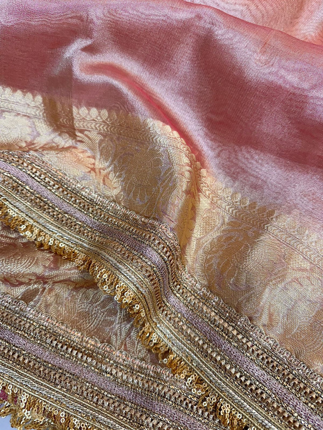 Mauve Pink Tissue Silk Lace Attached Banarasi Saree