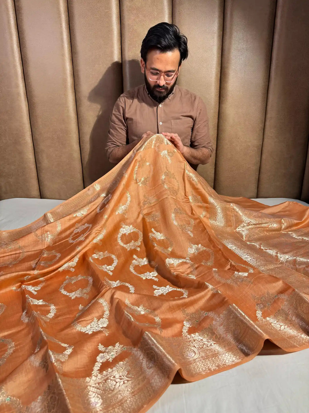 Mauve Orange Pure Chiniya Silk Intricate Zari Weaving Banarasi Saree