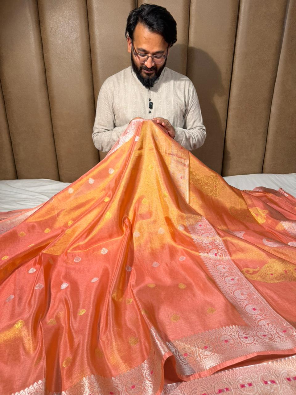 Mauve Peach Khaddi Buti Breathable Tissue Saree