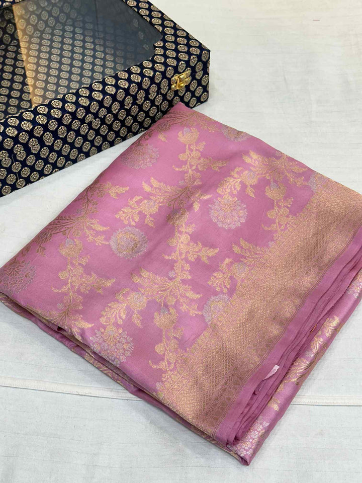 Mauve Pink Floral Meenakari Pure Katan Silk Saree