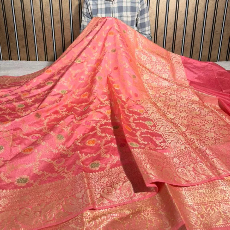 Mauve pink floral Meenakari warm silk Banarasi saree