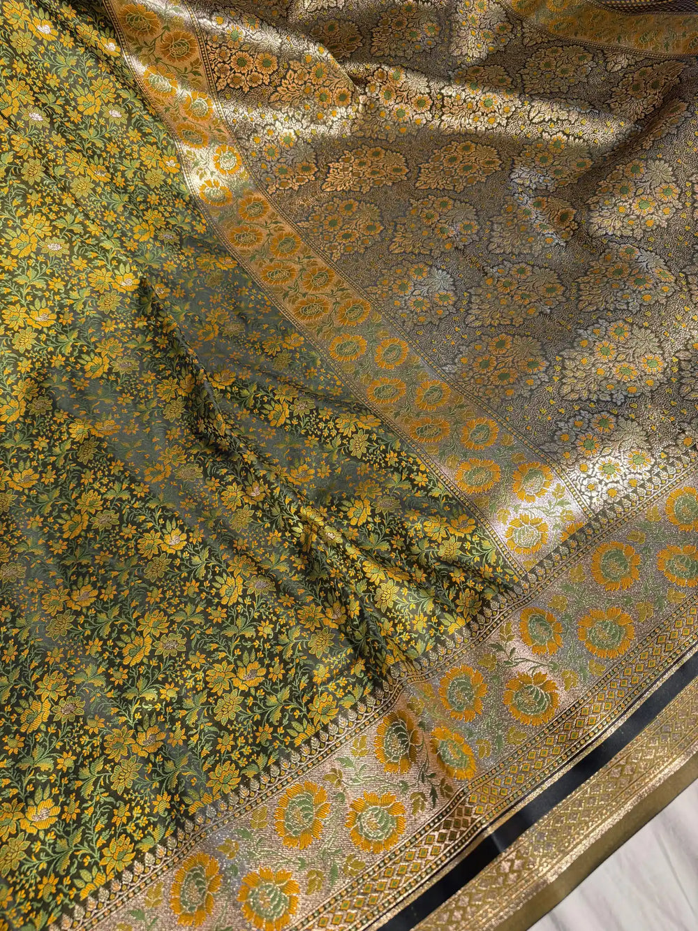 Mehandi Green Banarasi Pashmina Embossed Katan Silk Saree with Rich Pallu and Blouse