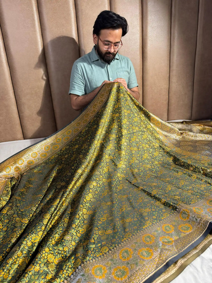 Mehandi Green Banarasi Pashmina Embossed Katan Silk Saree with Rich Pallu and Blouse