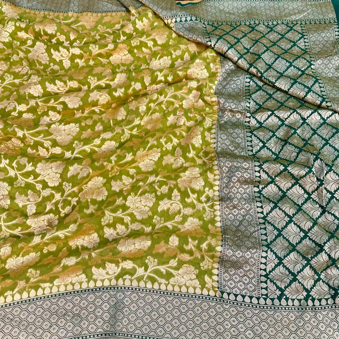 Mehendi Green Contrast Khaddi Georgette Banarasi Saree