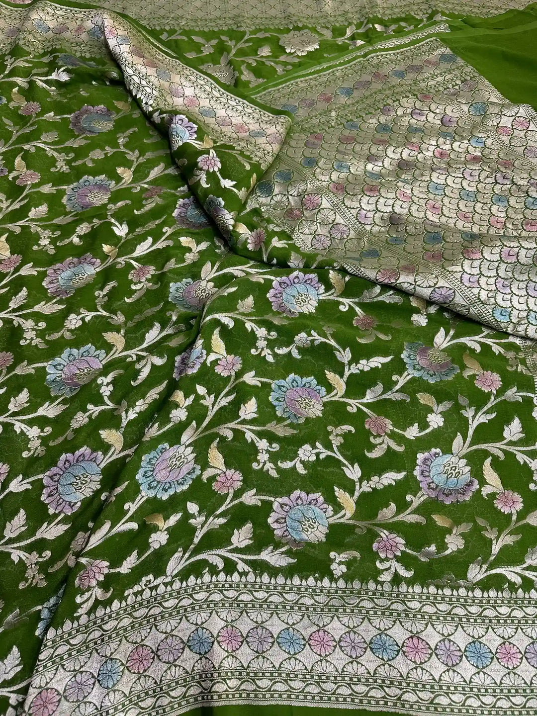 Mehendi Green Hand Dyed Khaddi Georgette Banarasi Saree