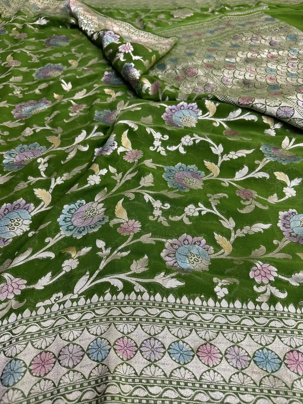 Mehendi Green Hand Dyed Khaddi Georgette Banarasi Saree