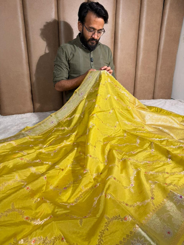 Mehendi green chinia silk meenakari banarasi saree