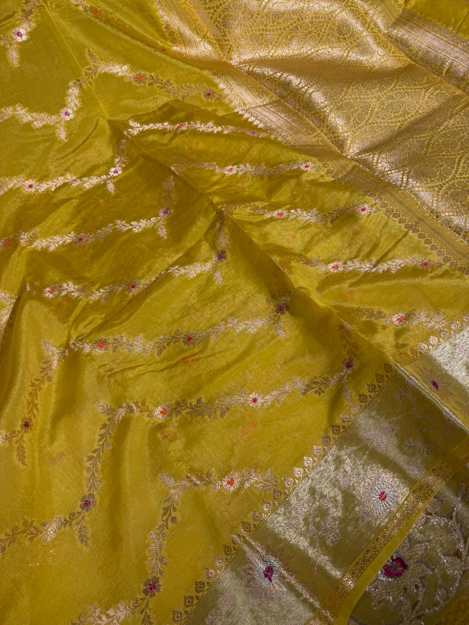 Mehendi green chinia silk meenakari banarasi saree