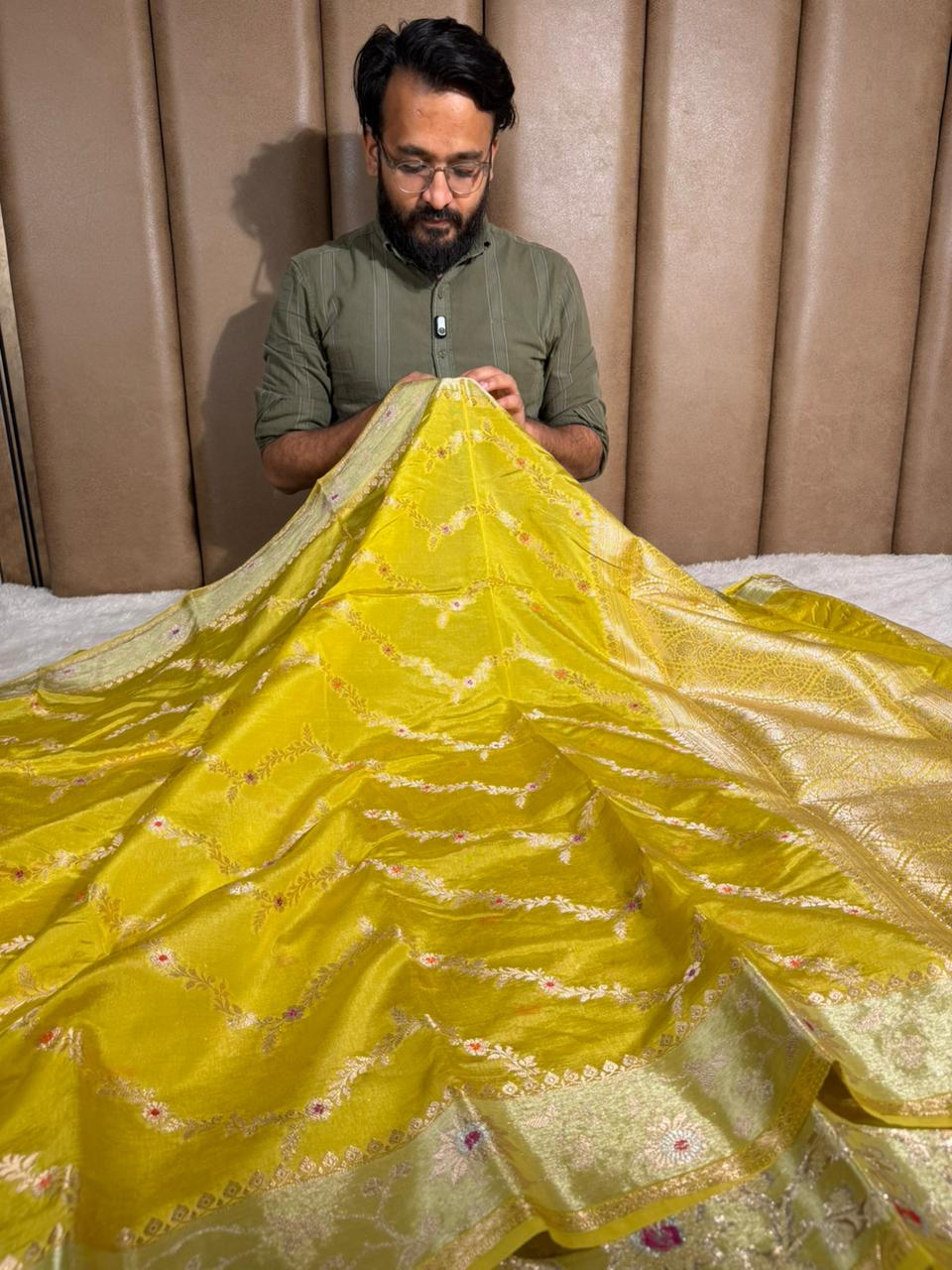Mehendi green chinia silk meenakari banarasi saree