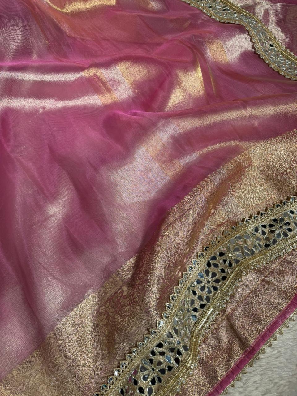 Metallic Baby Pink Bridal Tissue Silk Mirror Work Banarasi Saree