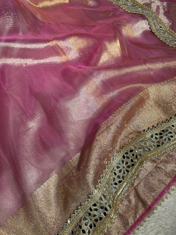 Metallic Baby Pink Bridal Tissue Silk Mirror Work Banarasi Saree