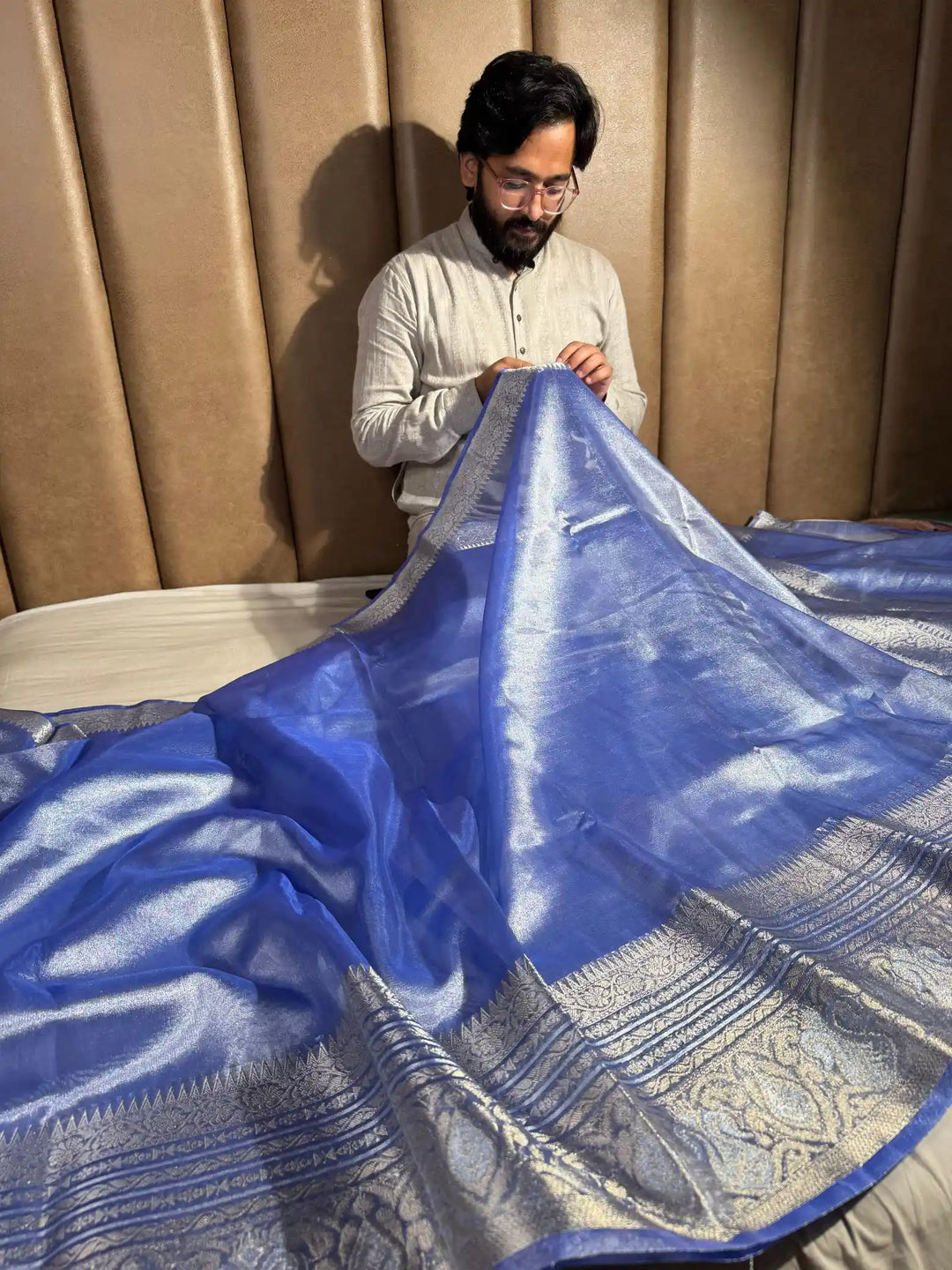 Metallic Blue Lightweight Katan Tissue Silk Saree with Rich Pallu and Blouse