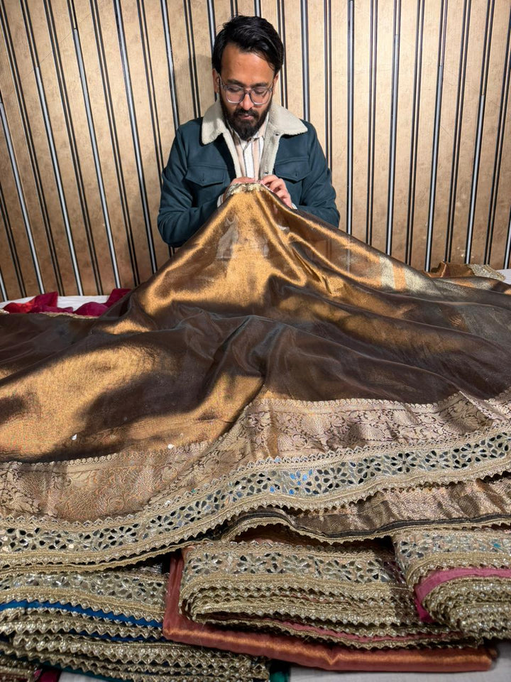 Metallic Brown Tissue Silk Mirror Work Banarasi Saree