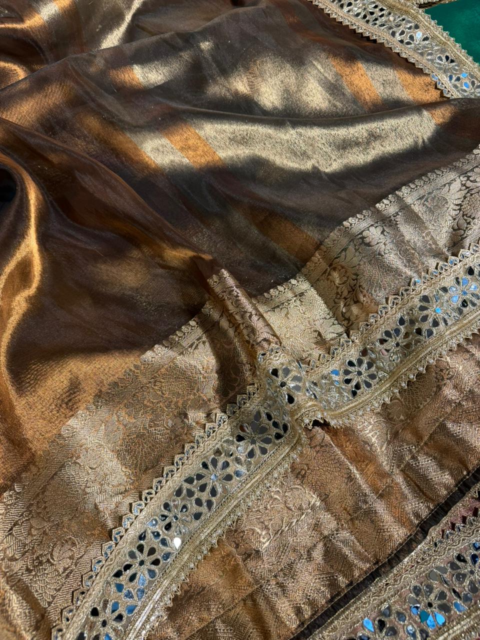 Metallic Brown Tissue Silk Mirror Work Banarasi Saree