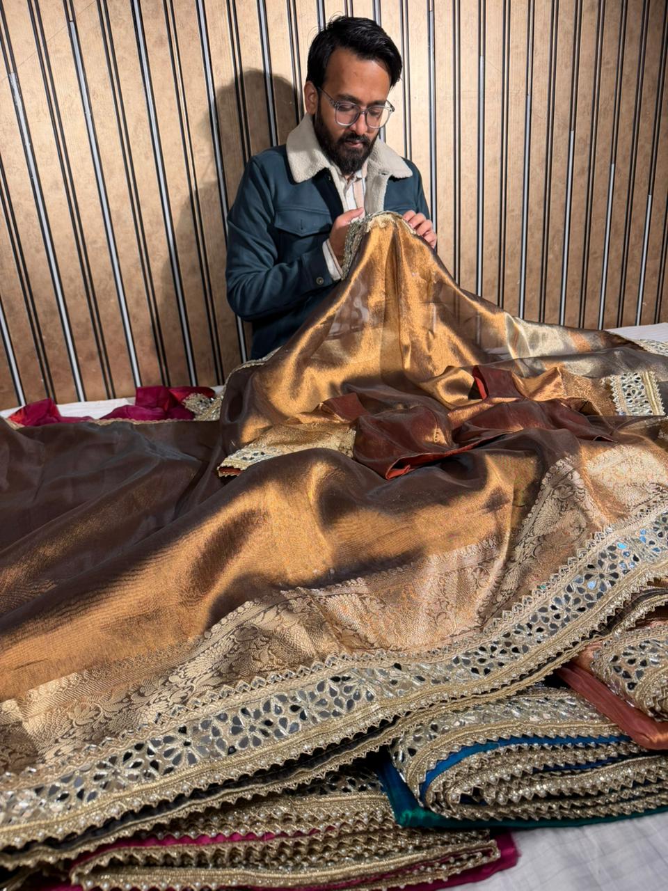 Metallic Brown Tissue Silk Mirror Work Banarasi Saree