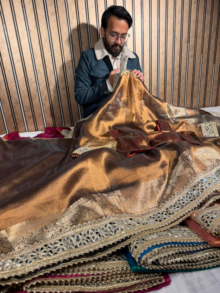 Metallic Brown Tissue Silk Mirror Work Banarasi Saree