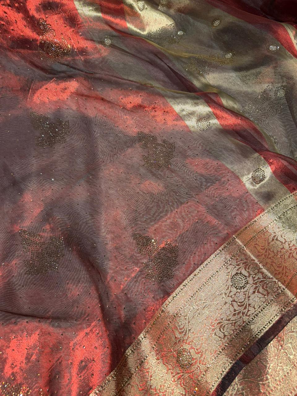 Metallic Carmine Red Tissue Silk Swarovski Work Saree
