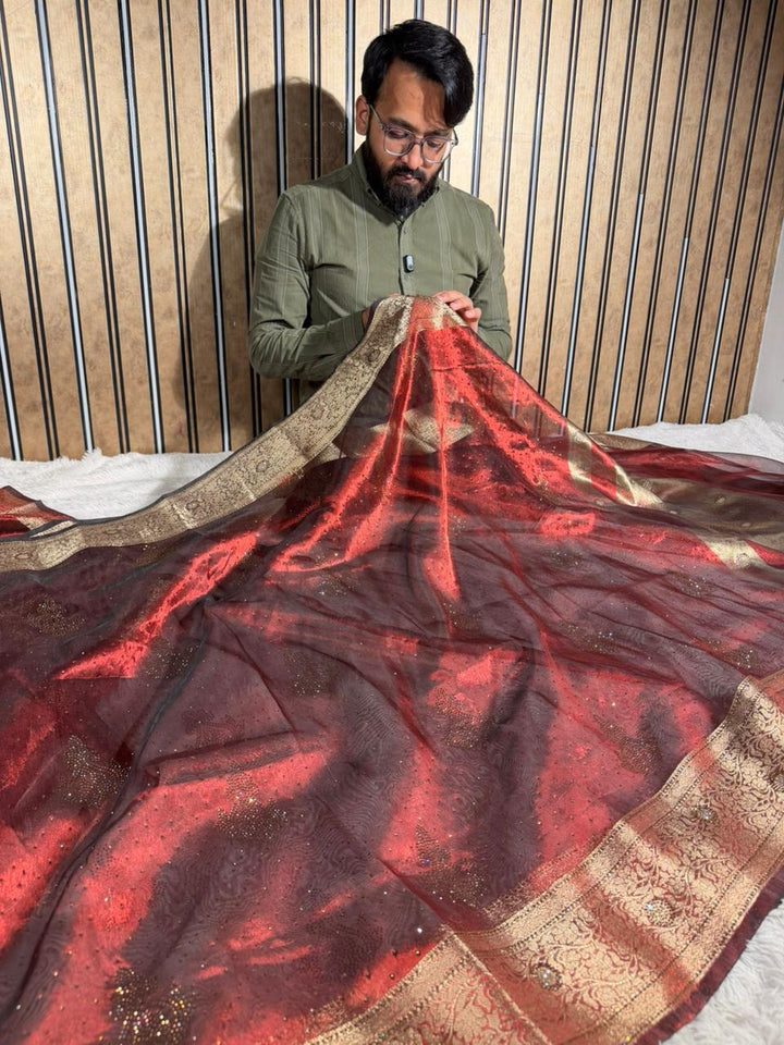 Metallic Carmine Red Tissue Silk Swarovski Work Saree