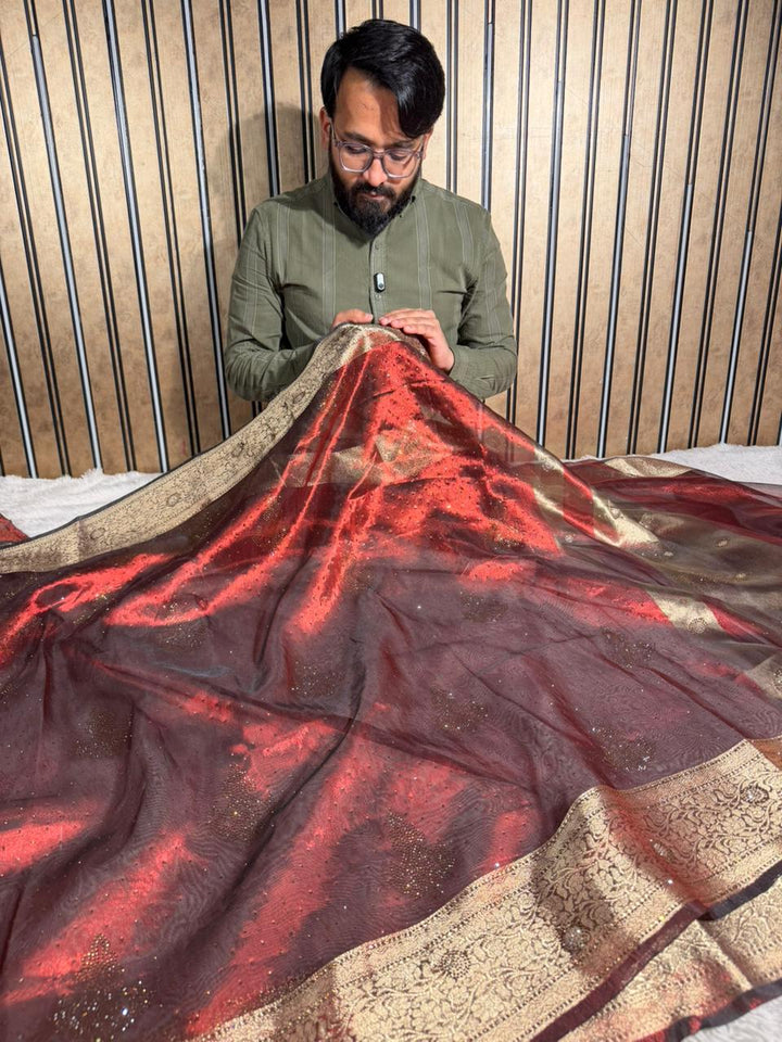 Metallic Carmine Red Tissue Silk Swarovski Work Saree