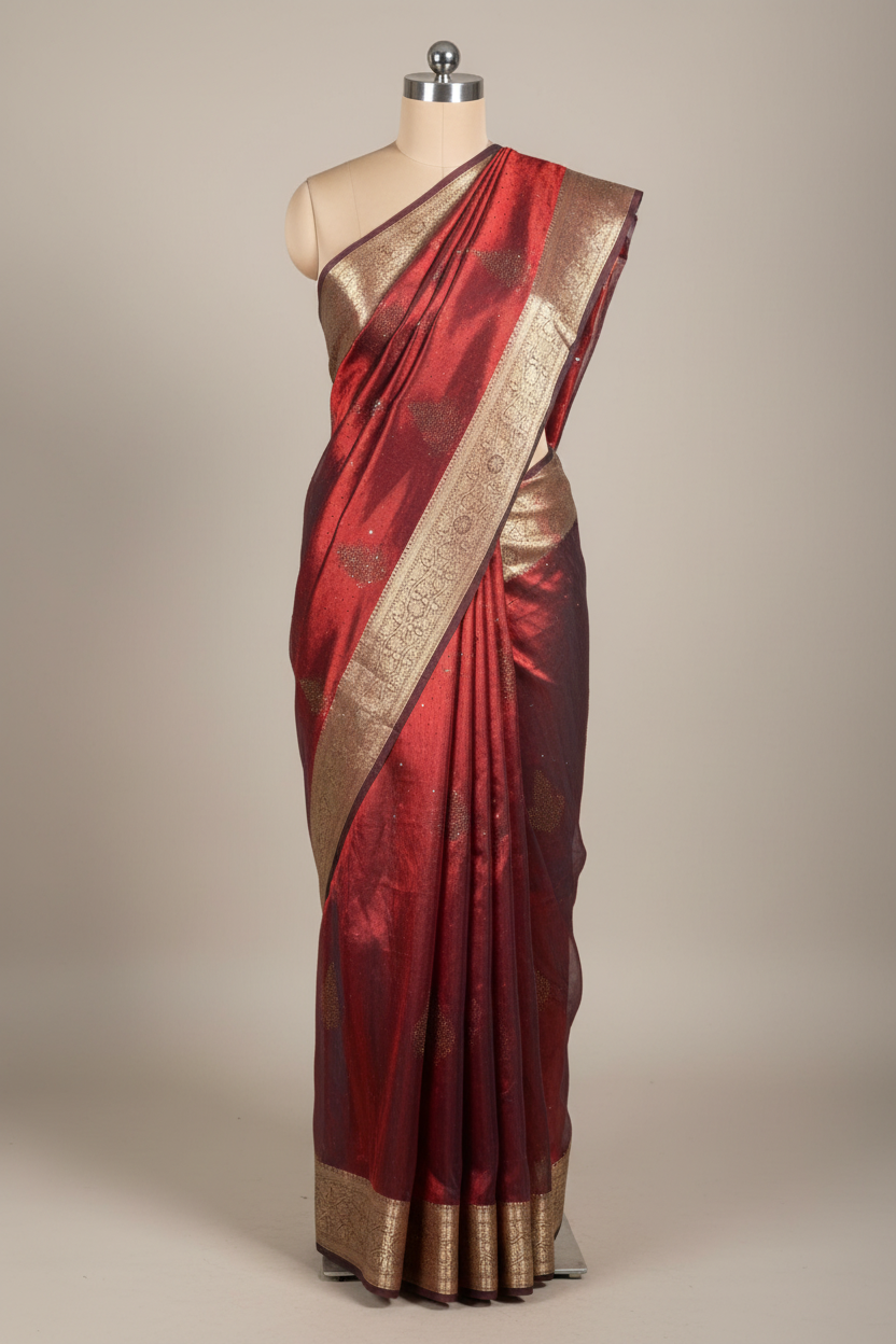 Metallic Carmine Red Tissue Silk Swarovski Work Banarasi Saree