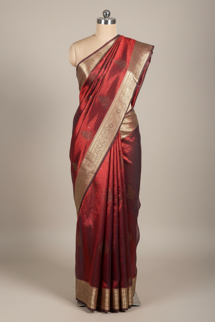 Metallic Carmine Red Tissue Silk Swarovski Work Banarasi Saree