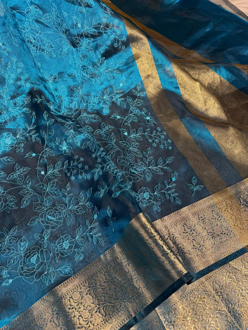 Metallic Electric Blue Banarasi Tissue Chikankari Saree with Rich Pallu & Blouse