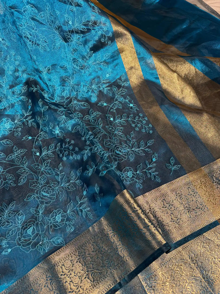 Metallic Electric Blue Banarasi Tissue Chikankari Saree with Rich Pallu & Blouse
