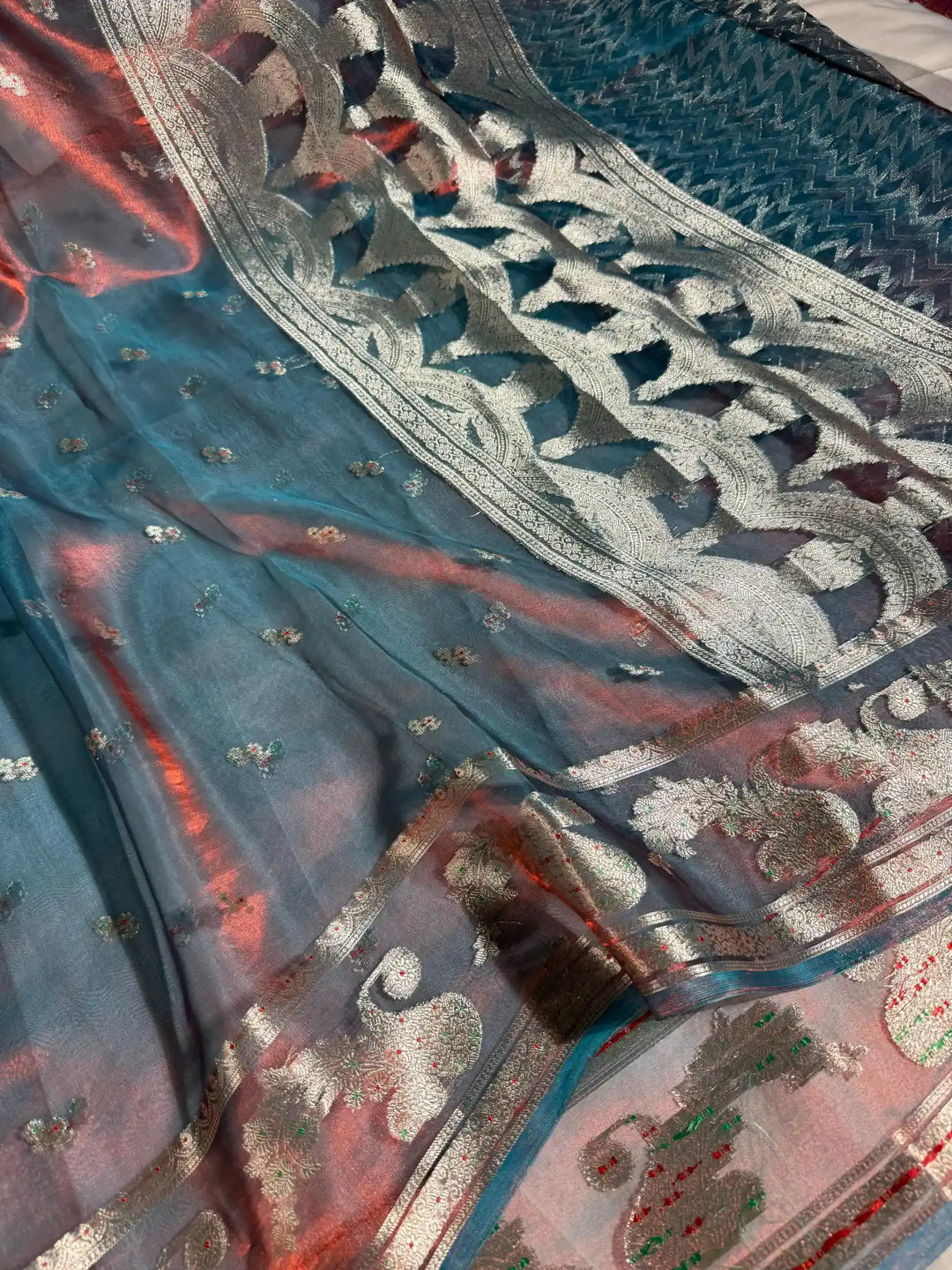 Metallic Firozi Pure Tissue Silk Heritage Banarasi Saree