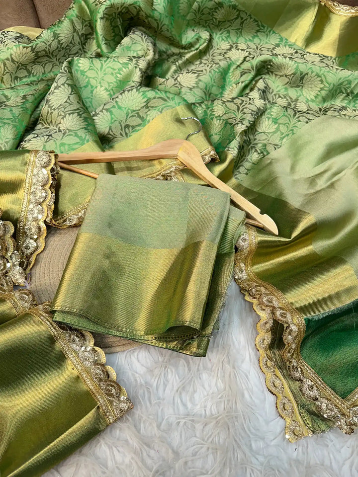 Metallic Green Banarasi Tissue Silk Saree with Exclusive Lace Work