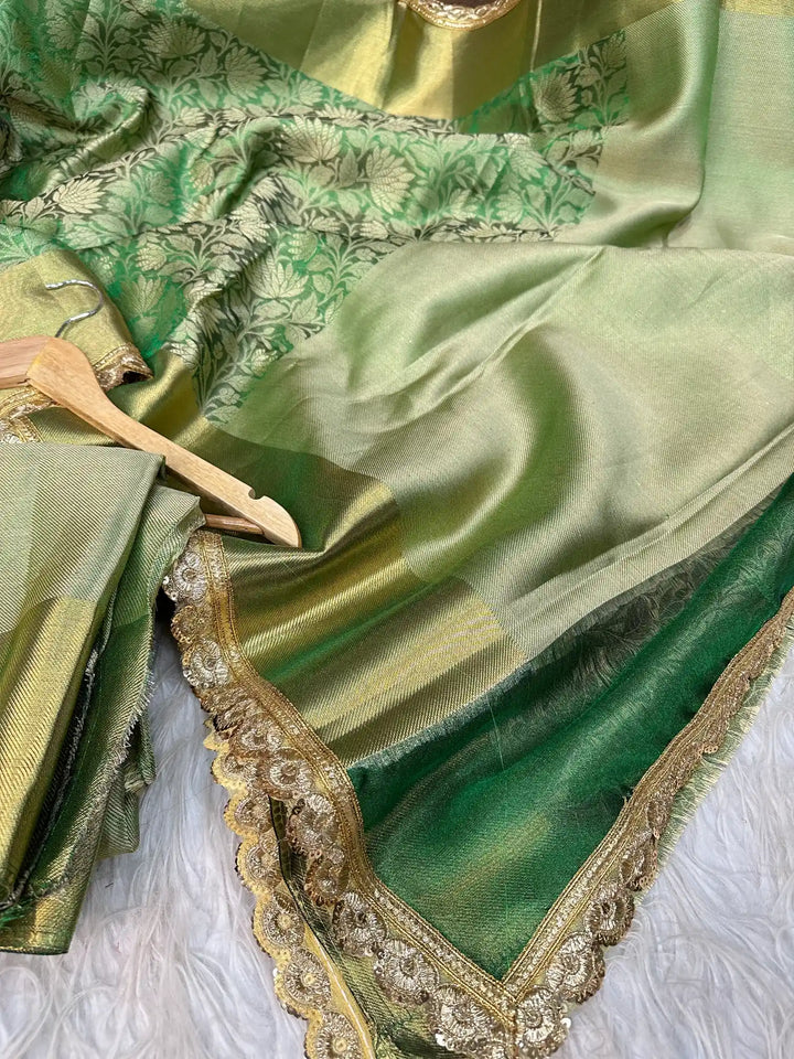 Metallic Green Banarasi Tissue Silk Saree with Exclusive Lace Work