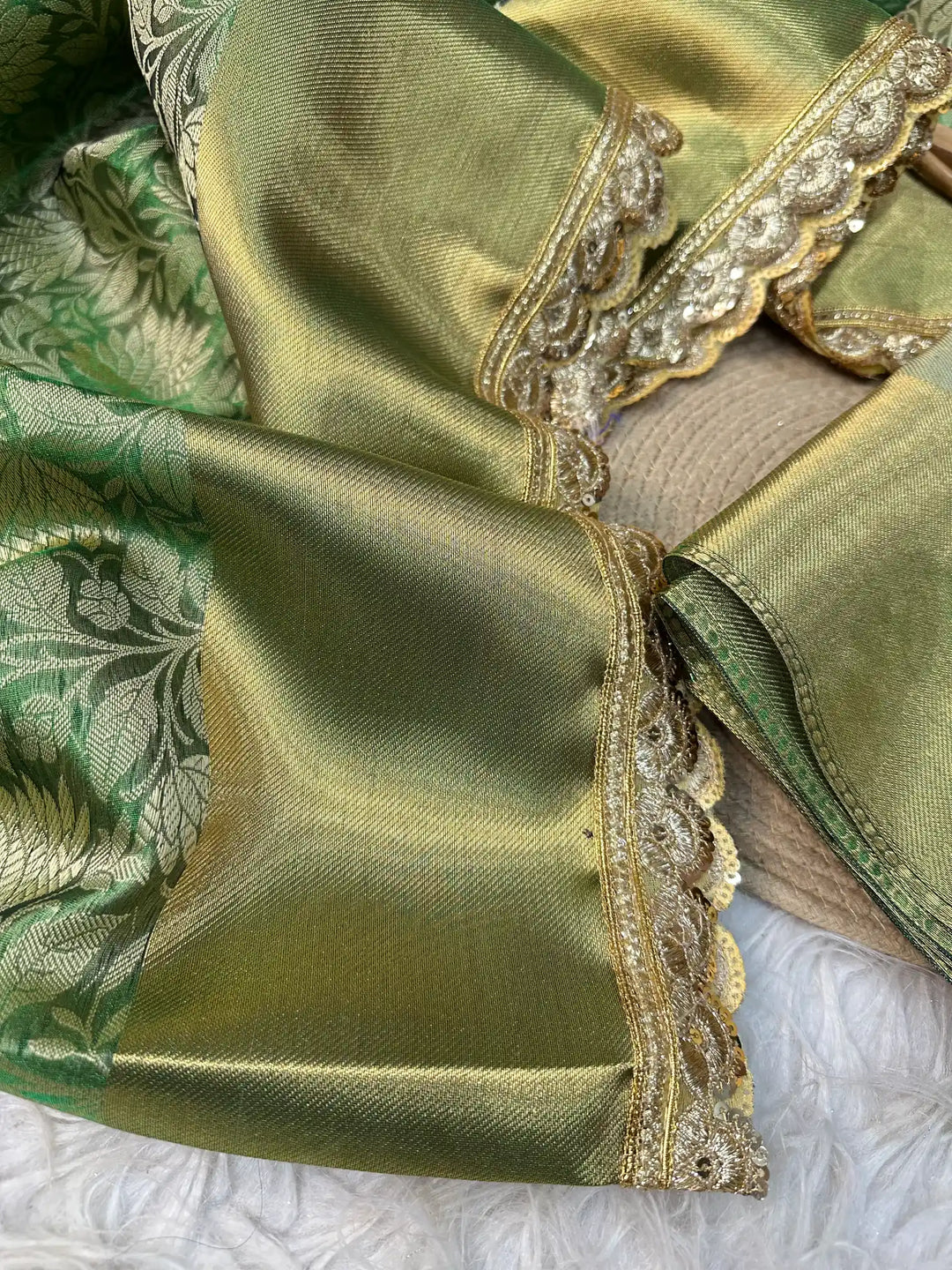 Metallic Green Banarasi Tissue Silk Saree with Exclusive Lace Work