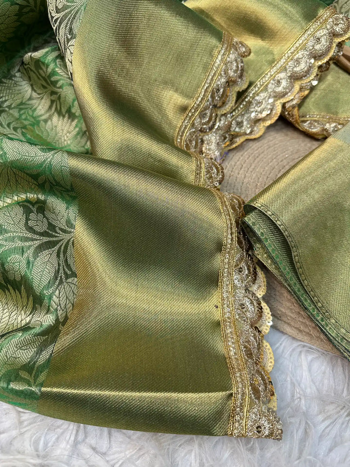Metallic Green Banarasi Tissue Silk Saree with Exclusive Lace Work