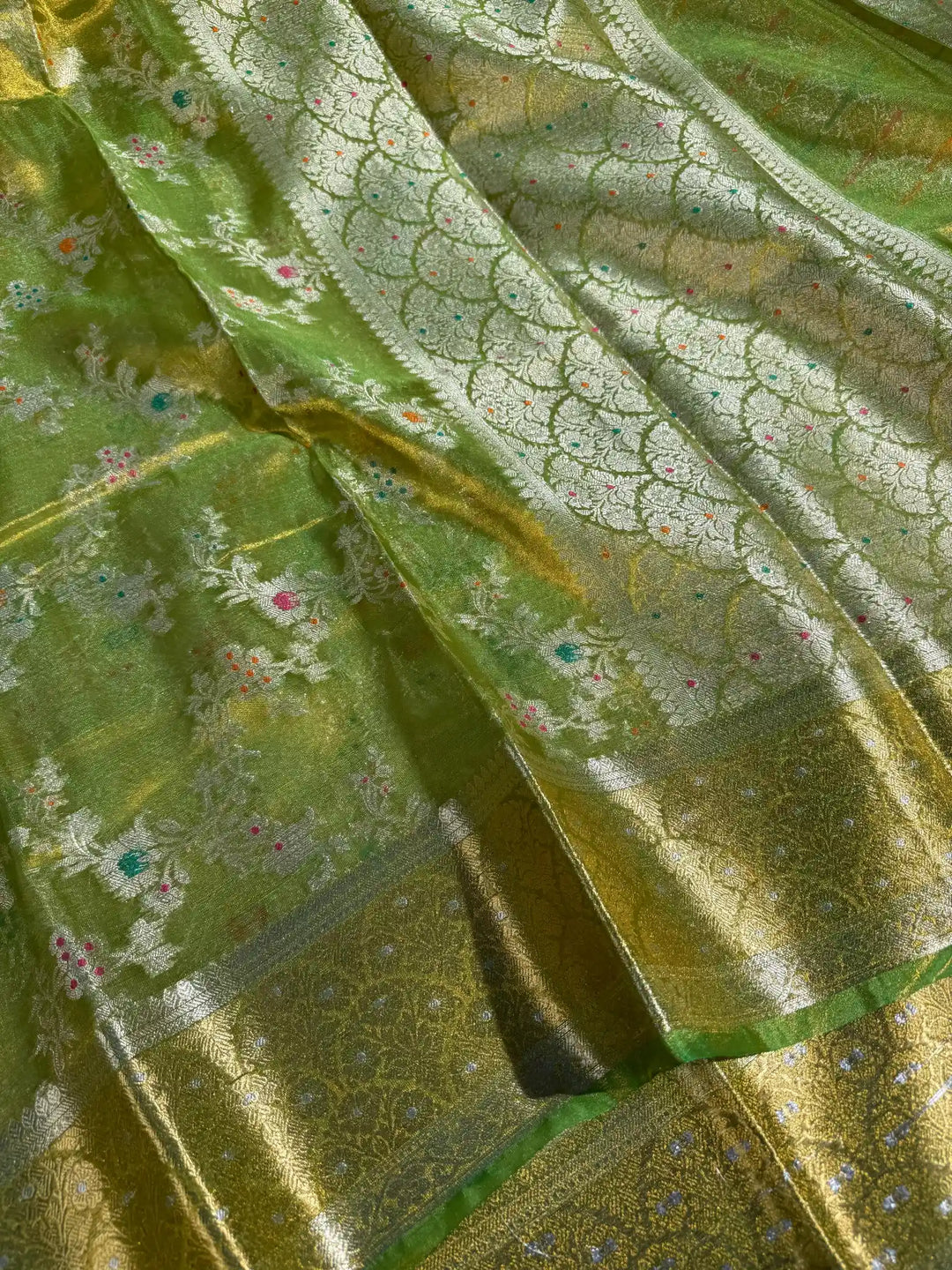 Metallic Green Intricate Meena Weave Tissue Silk Heritage Banarasi Saree