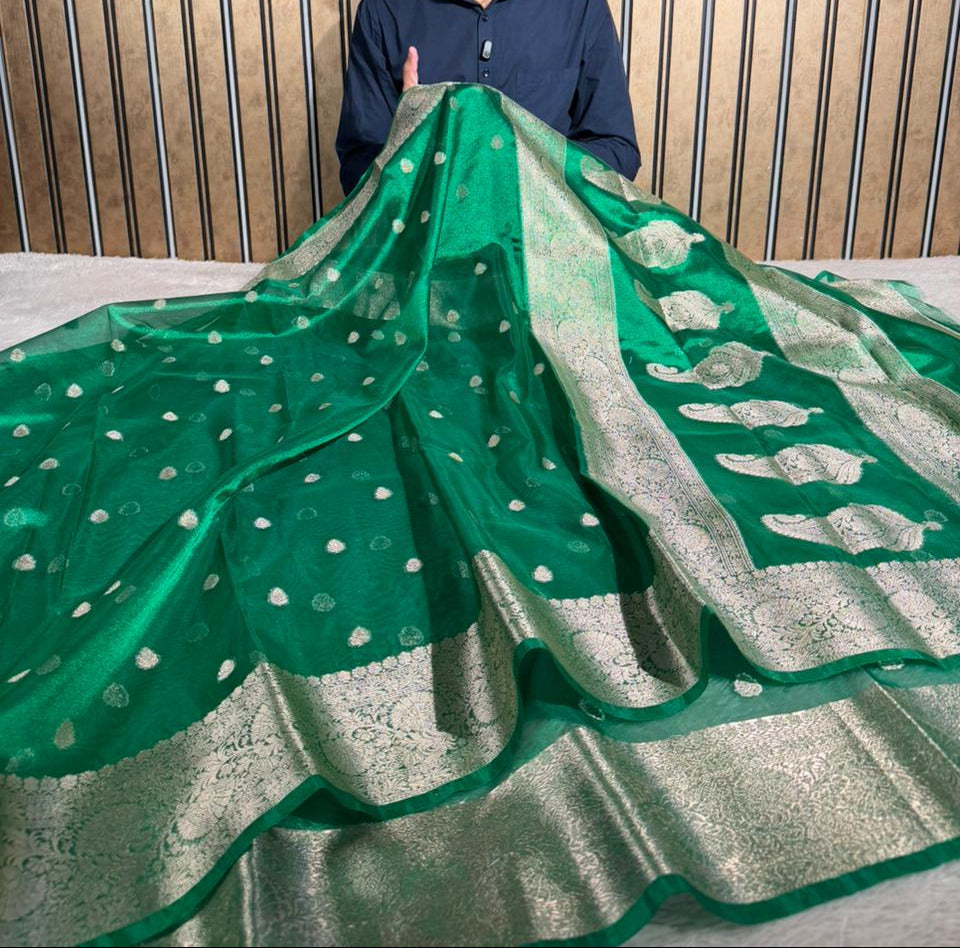 Metallic Green Kora Tissue Khaddi Buti Banarasi Saree