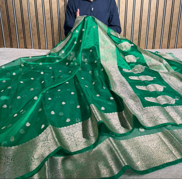 Metallic Green Kora Tissue Khaddi Buti Banarasi Saree