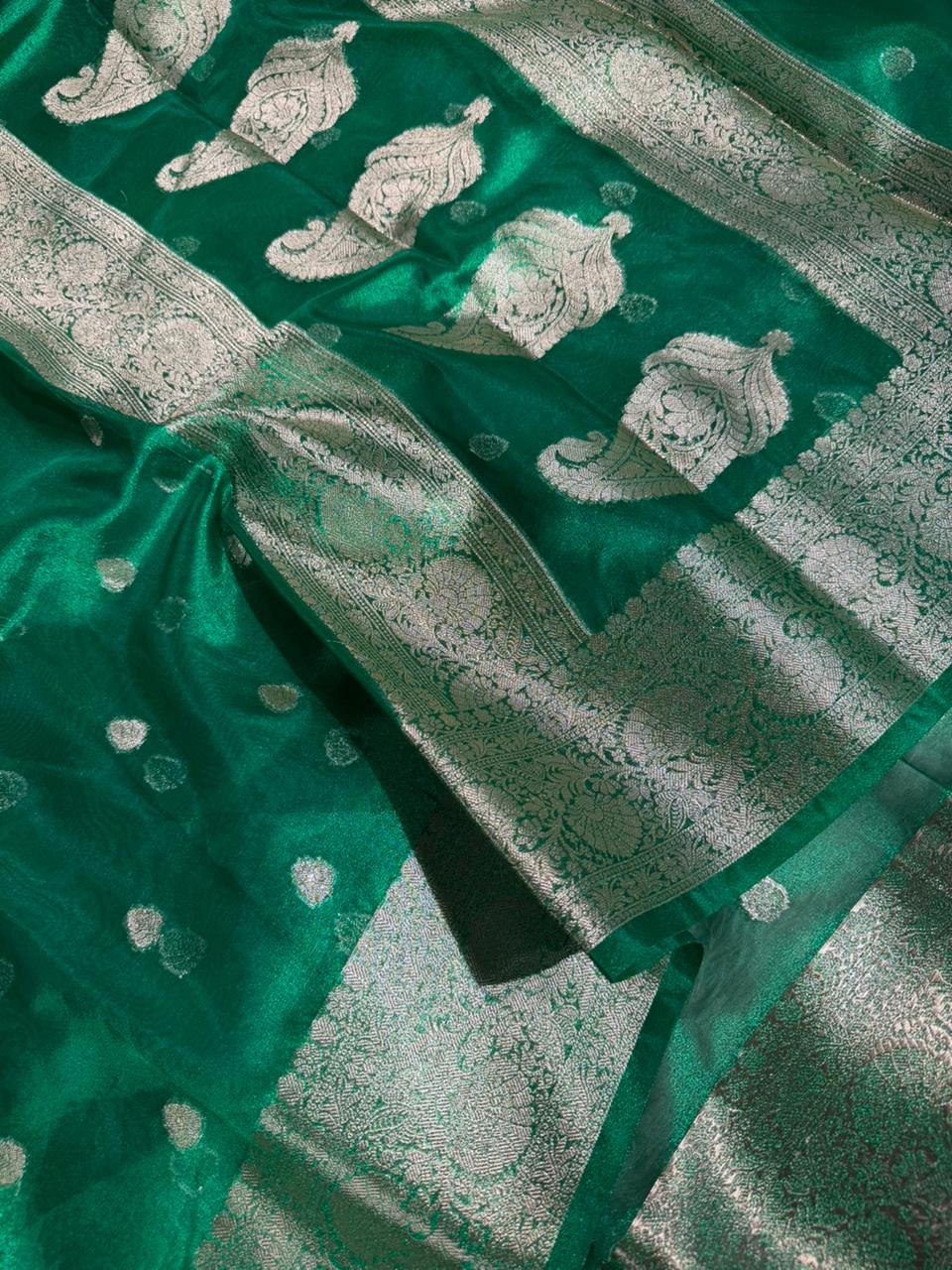 Metallic Green Kora Tissue Khaddi Buti Banarasi Saree