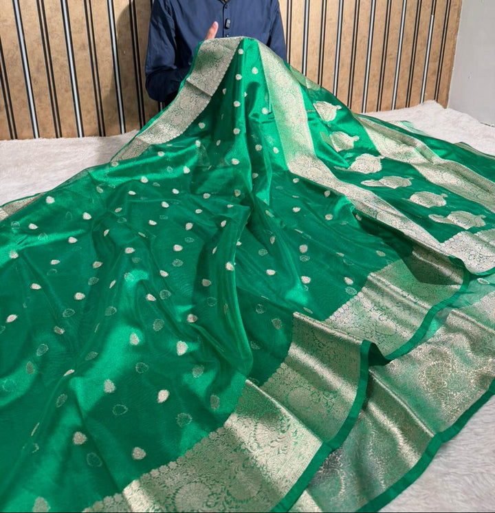 Metallic Green Kora Tissue Khaddi Buti Banarasi Saree