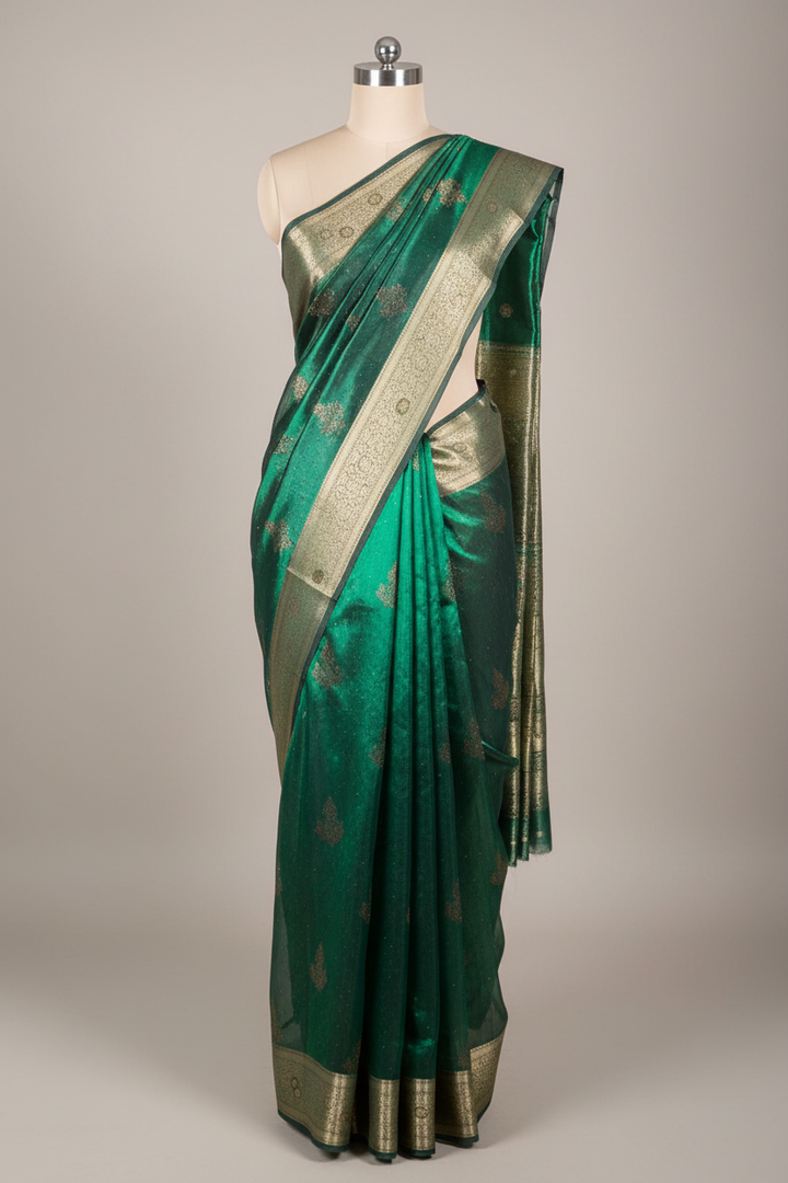 Metallic Green Kora Tissue Silk Swarovski Work Banarasi Saree