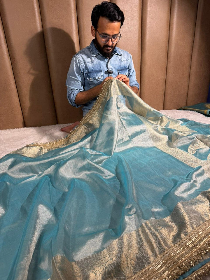 Metallic Green Tissue Silk Zari Jacquard Lace Work Banarasi Saree