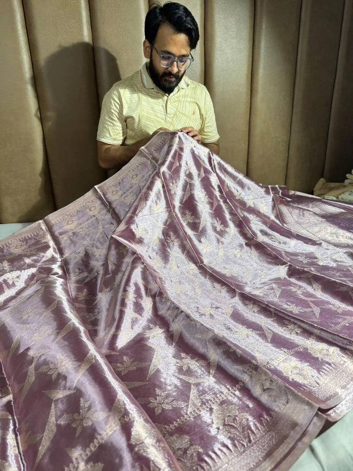 Metallic Lavender Kanjivaram Tissue Silk Saree with Rich Pallu and Blouse