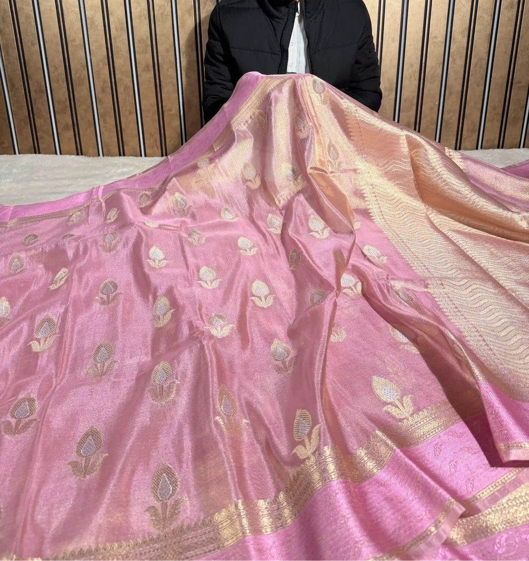 Metallic Light Pink Breathable Tissue Silk Flower Buta Banarasi Saree